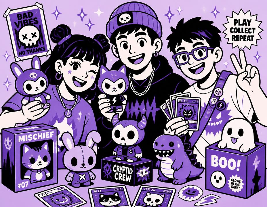 Illustration of collectors with vinyl figures and trading cards